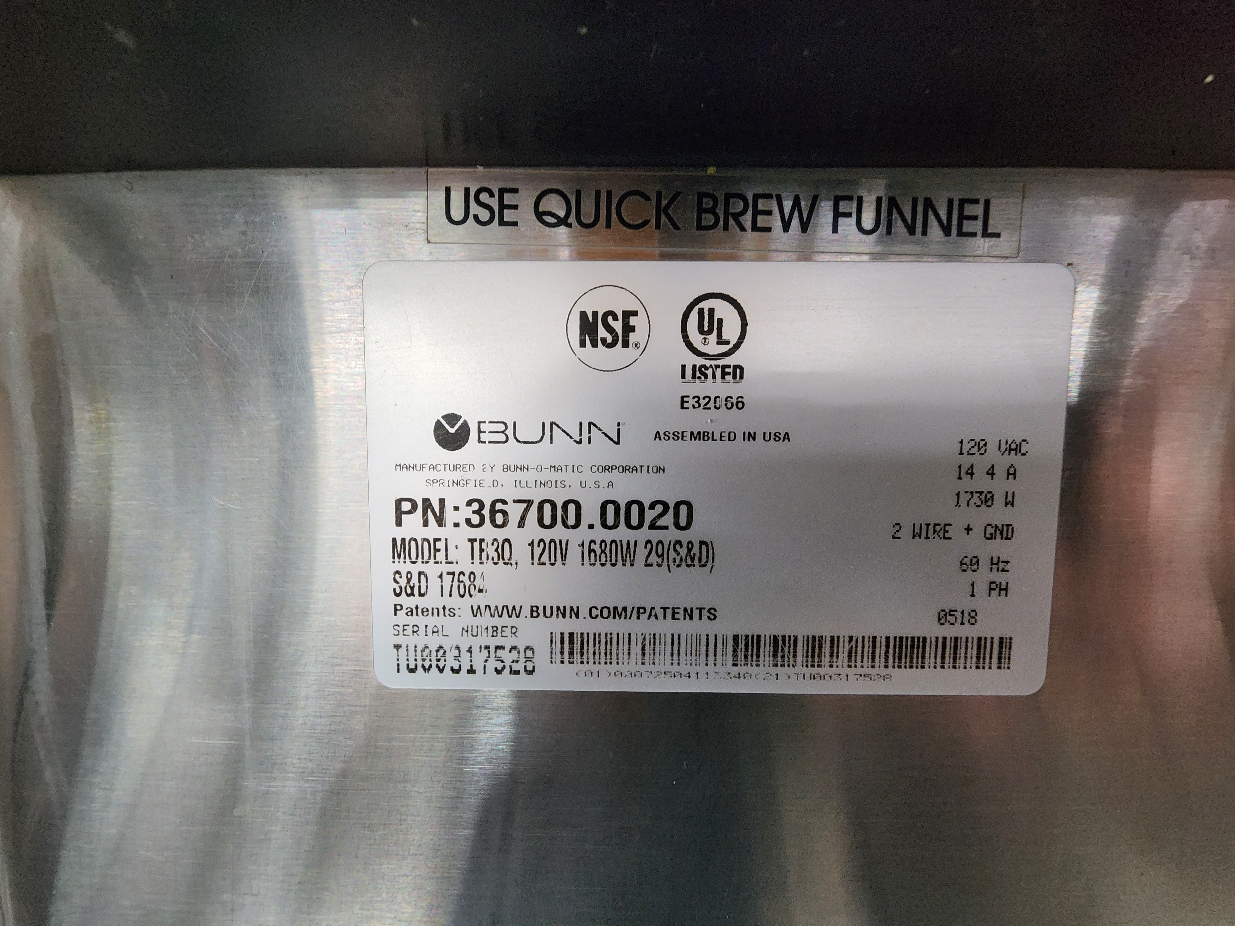 Used Bunn 36700.0020 TB3Q Iced Tea Brewer, 29" Trunk, Quick Brew 120V