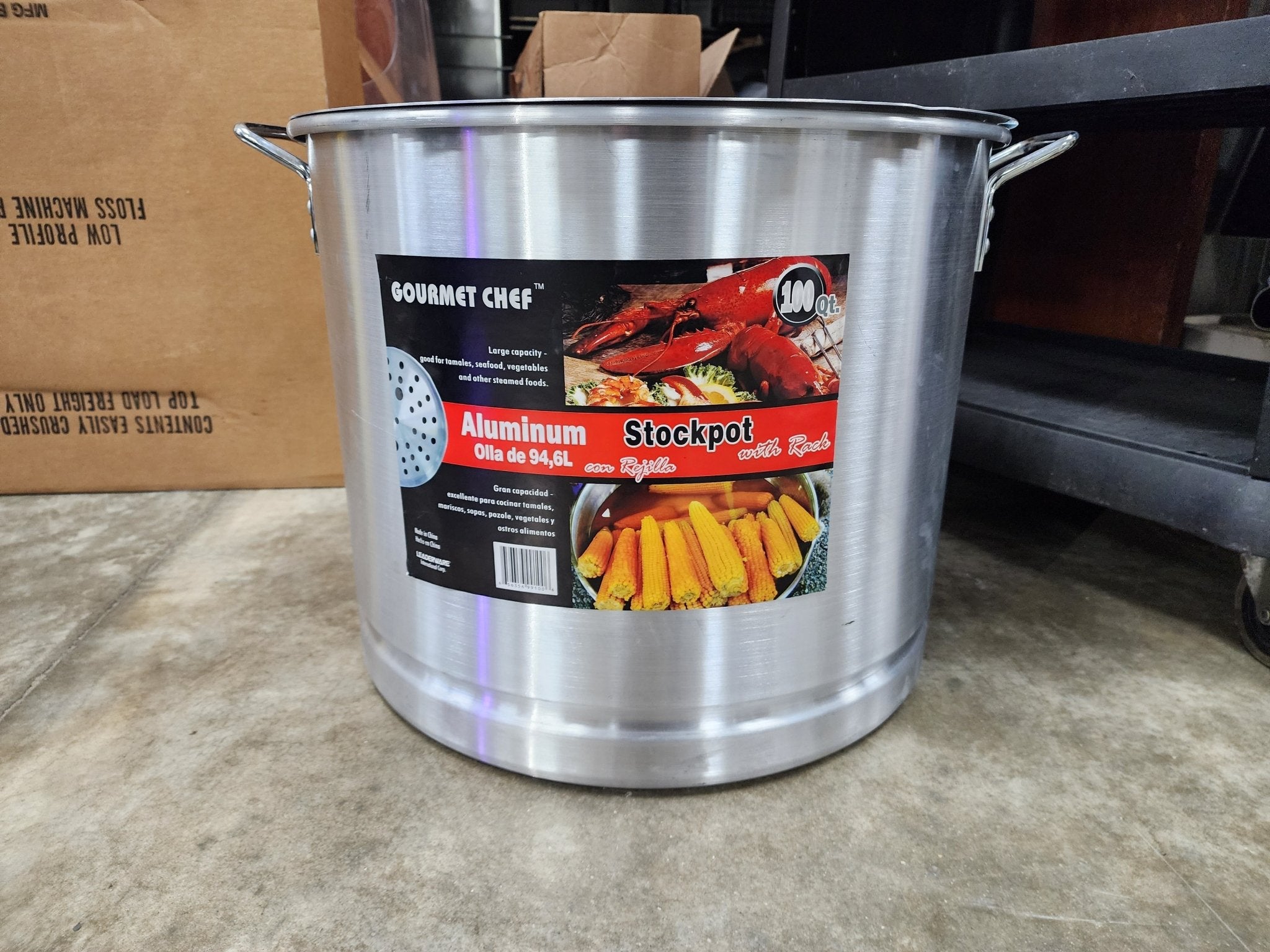 New 100 Qt. Heavy Weight Aluminum Stock Pot with lid and preferred rack C IP - Falcon Restaurant Supply - 1
