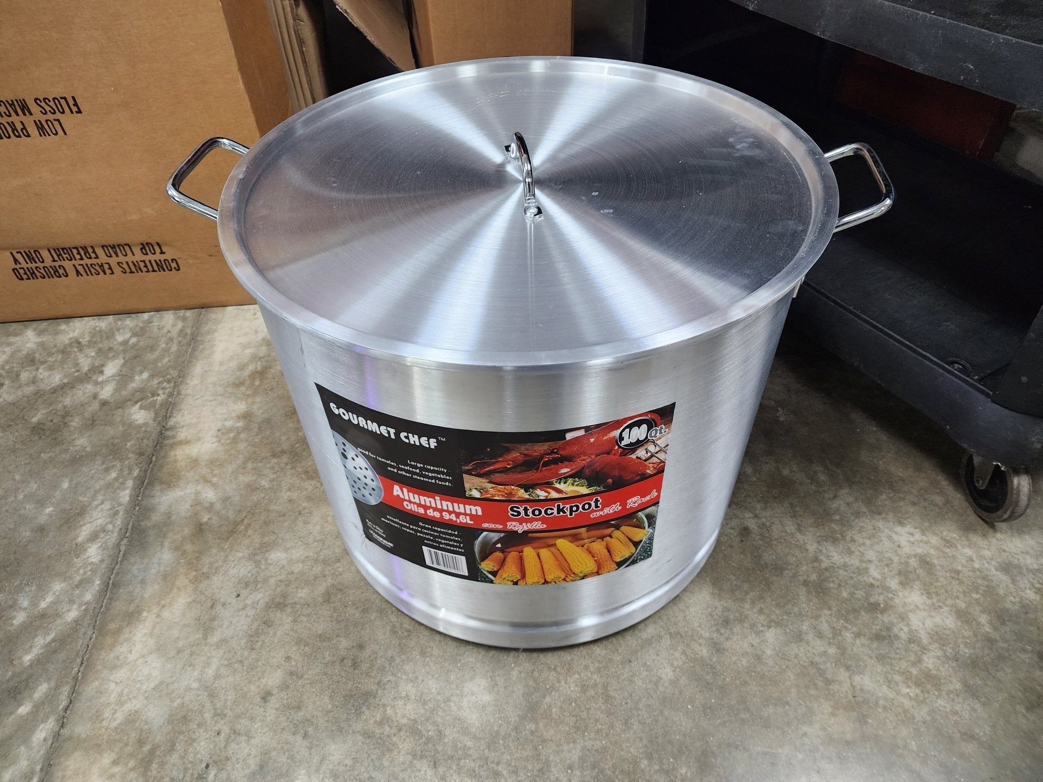 New 100 Qt. Heavy Weight Aluminum Stock Pot with lid and preferred rack C IP - Falcon Restaurant Supply - 2