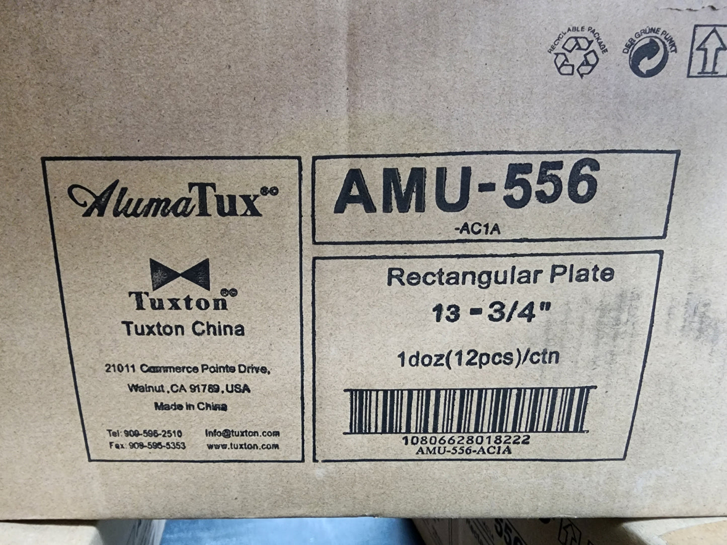 New Tuxton AMU-556 AlumaTux Pearl White (European White) 13 3/4" x 7 1/2" China Plate - 12/Case