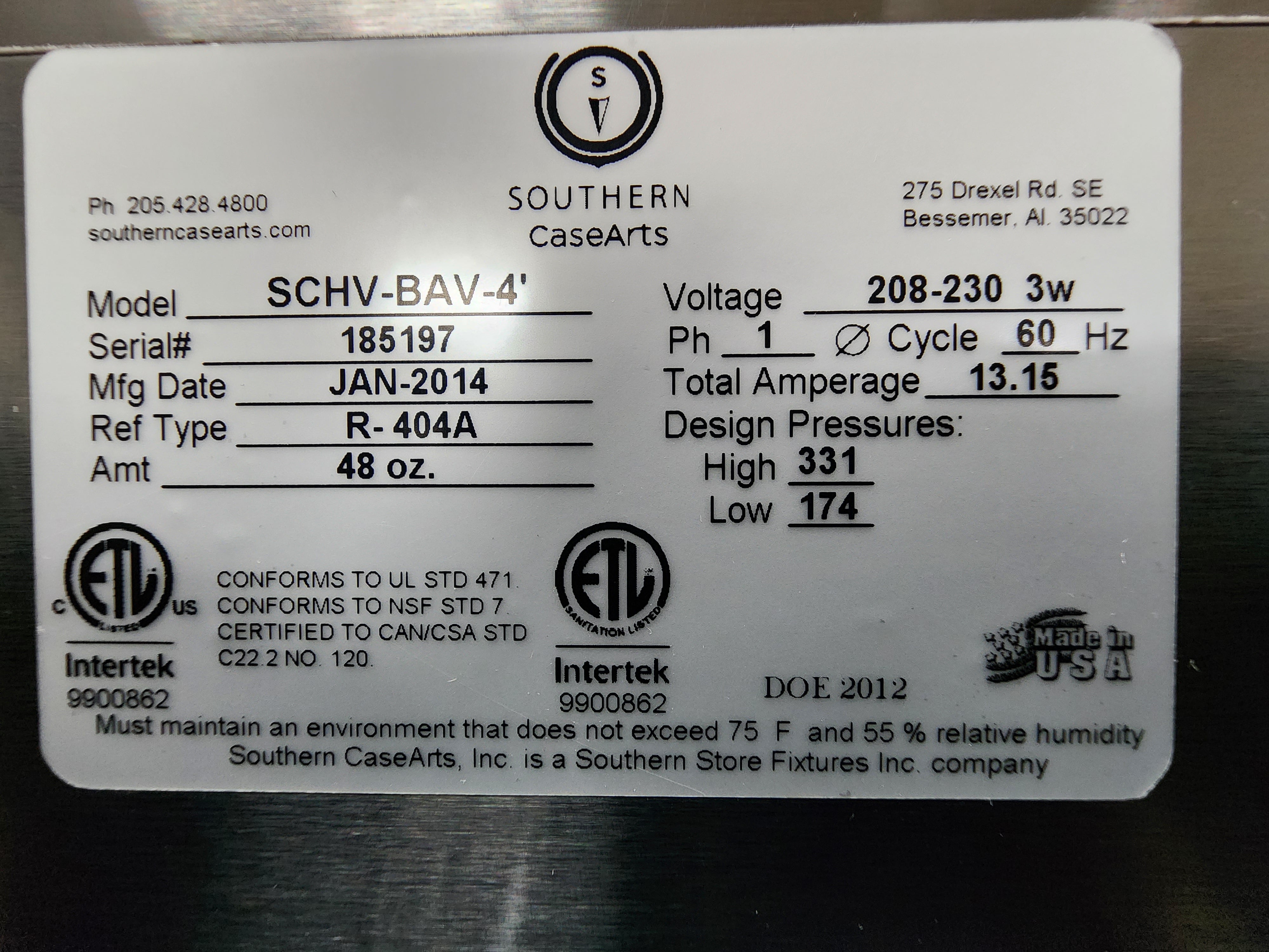 Used Southern Casearts SCHV-BAV-4 Refrigerator Display case