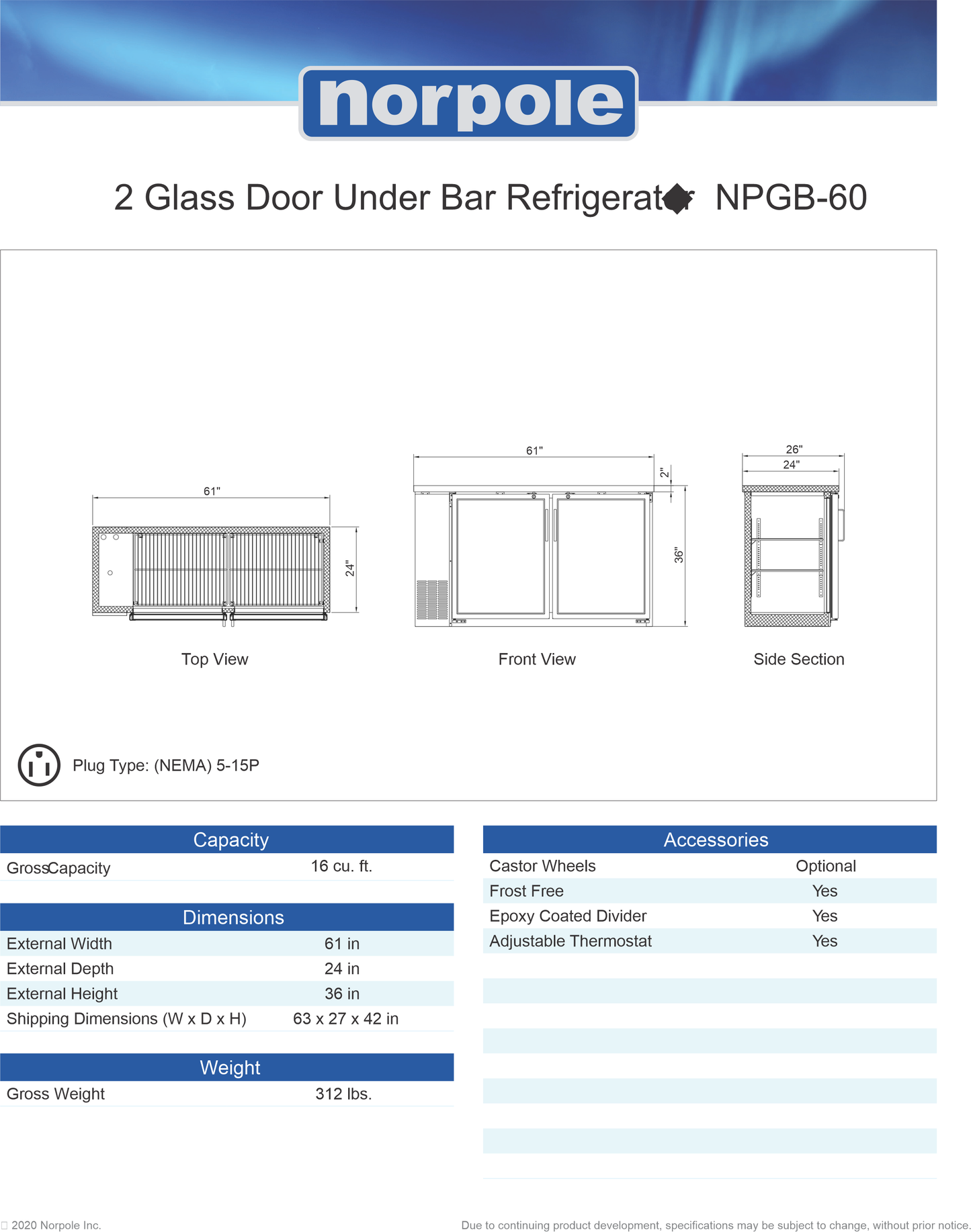 New Norpole NPGB-60 2 Glass Door Under Bar Refrigerator Back Bar Cooler Merchandiser