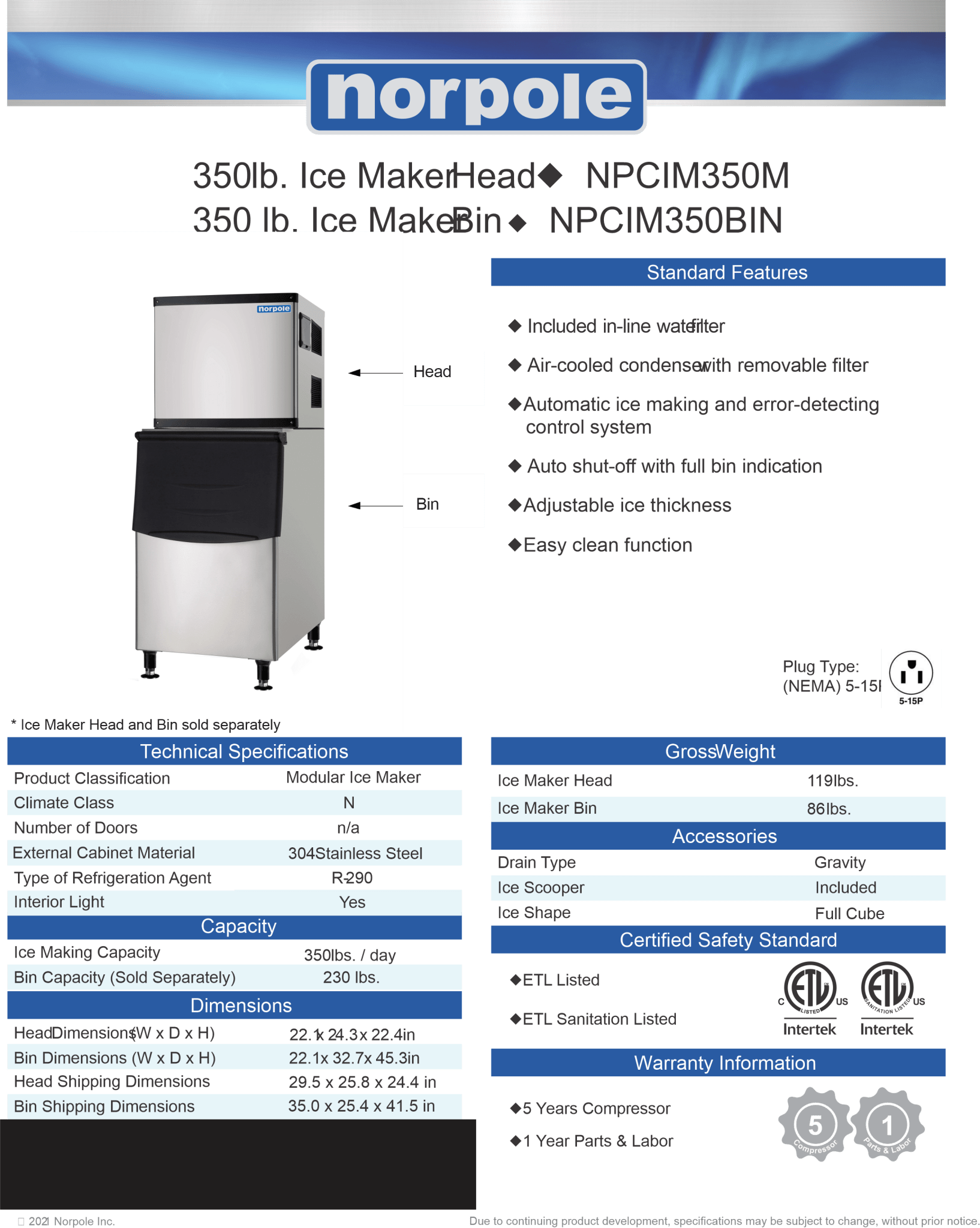 New Norpole 280lb. Stainless Cube - Style Ice Maker with Bin NPCIM280 - Falcon Restaurant Supply - 4