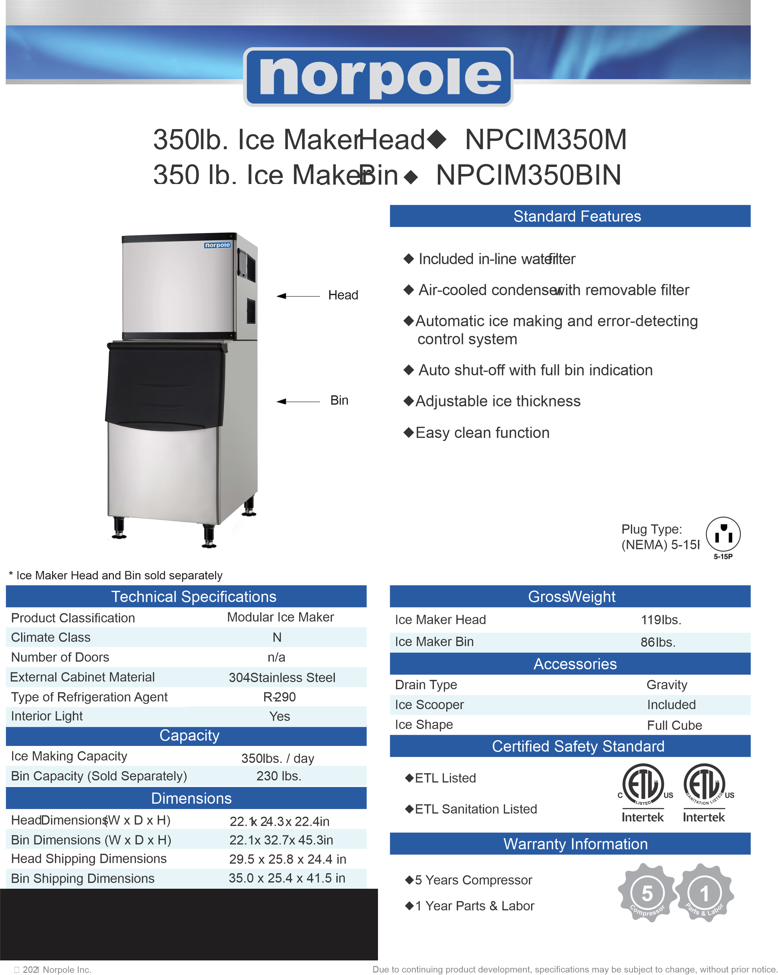 New Norpole 280lb. Stainless Cube-Style Ice Maker with Bin NPCIM280