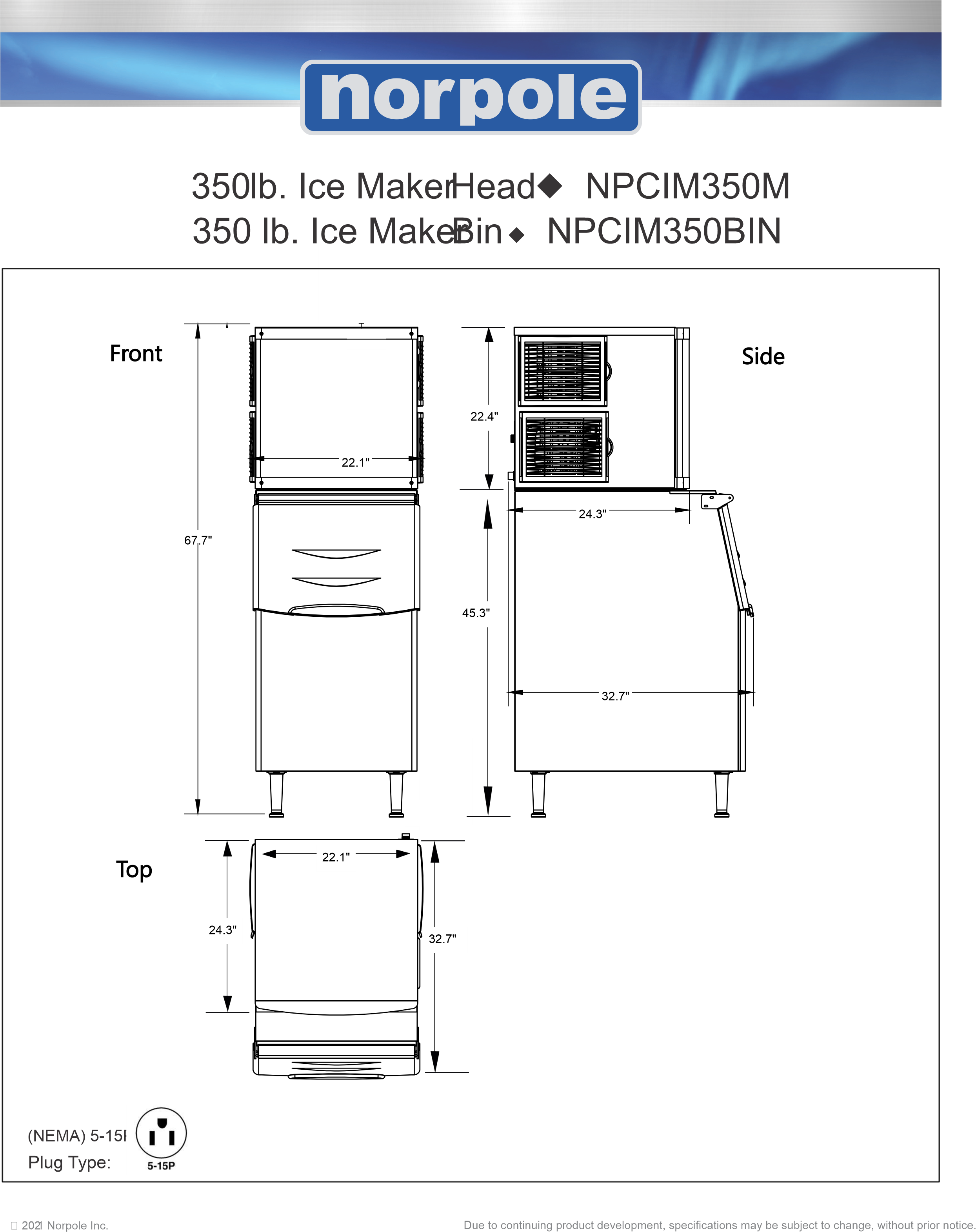 New Norpole 280lb. Stainless Cube-Style Ice Maker with Bin NPCIM280