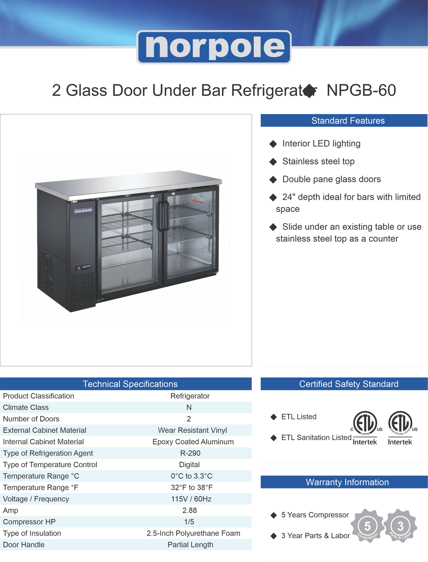 New Norpole NPGB-60 2 Glass Door Under Bar Refrigerator Back Bar Cooler Merchandiser